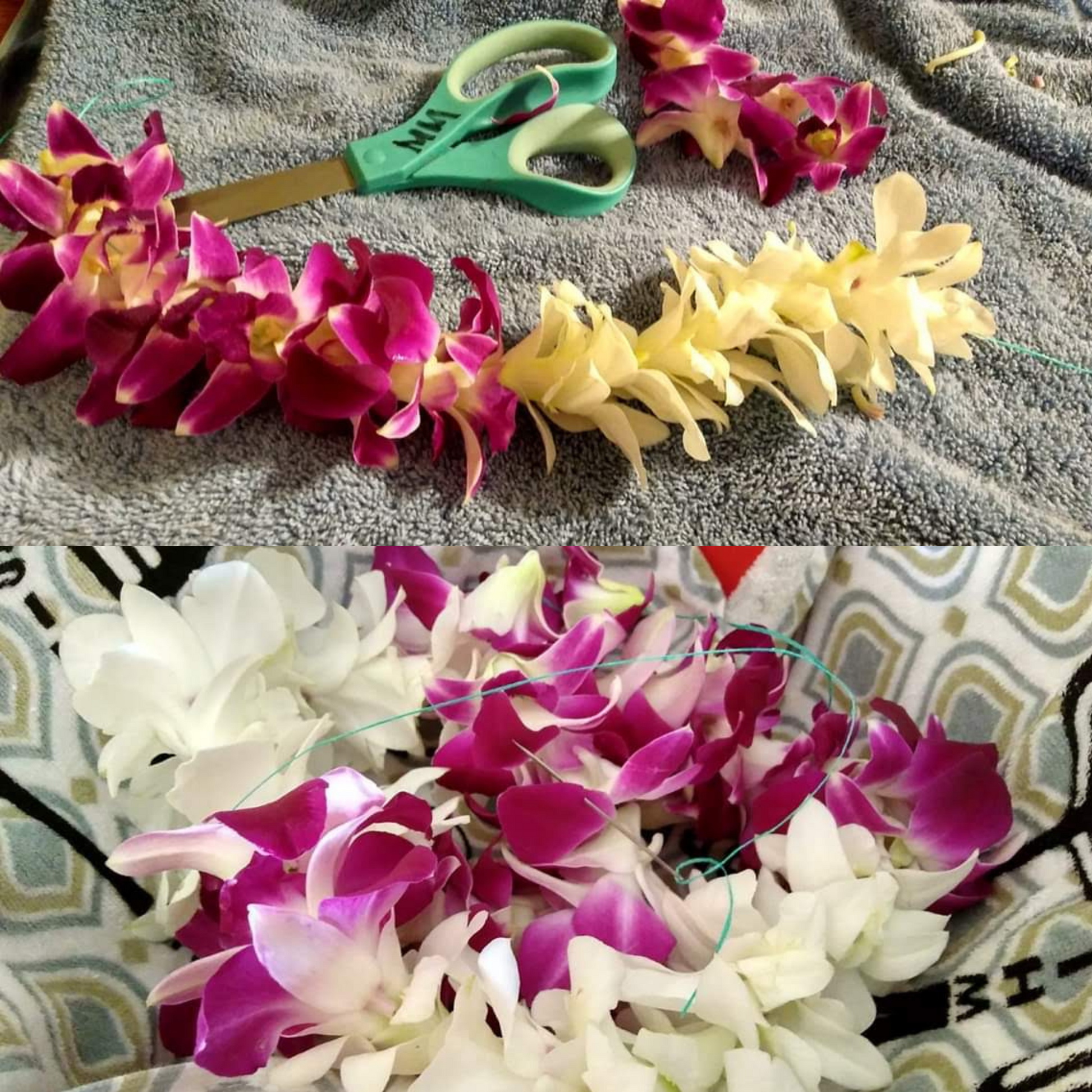 Getting ready to string these orchid leis. Handcrafted with care, our custom leis make your event unforgettable. Perfect for weddings, Luaua's, Birthdays, Retirement, Office gifting, Holiday Parties, Funeral, Promotion, & More. Handcrafted and strung in Arizona. Seasonal product-contact us for more info.
