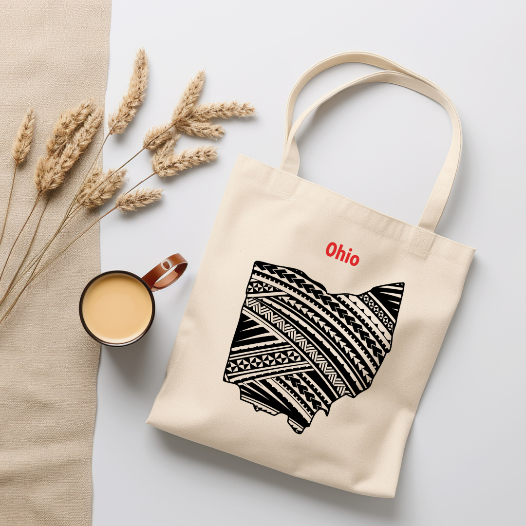 Ohio-A double-sided, eco-friendly Polynesian Pride tote bag featuring a tribal map design from the 50 State Tribal Map Collection