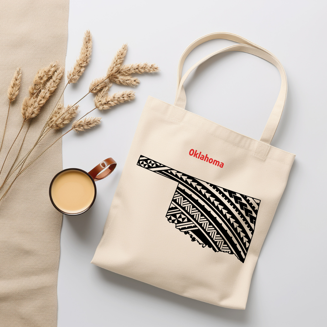 Oklahoma-A double-sided, eco-friendly Polynesian Pride tote bag featuring a tribal map design from the 50 State Tribal Map Collection