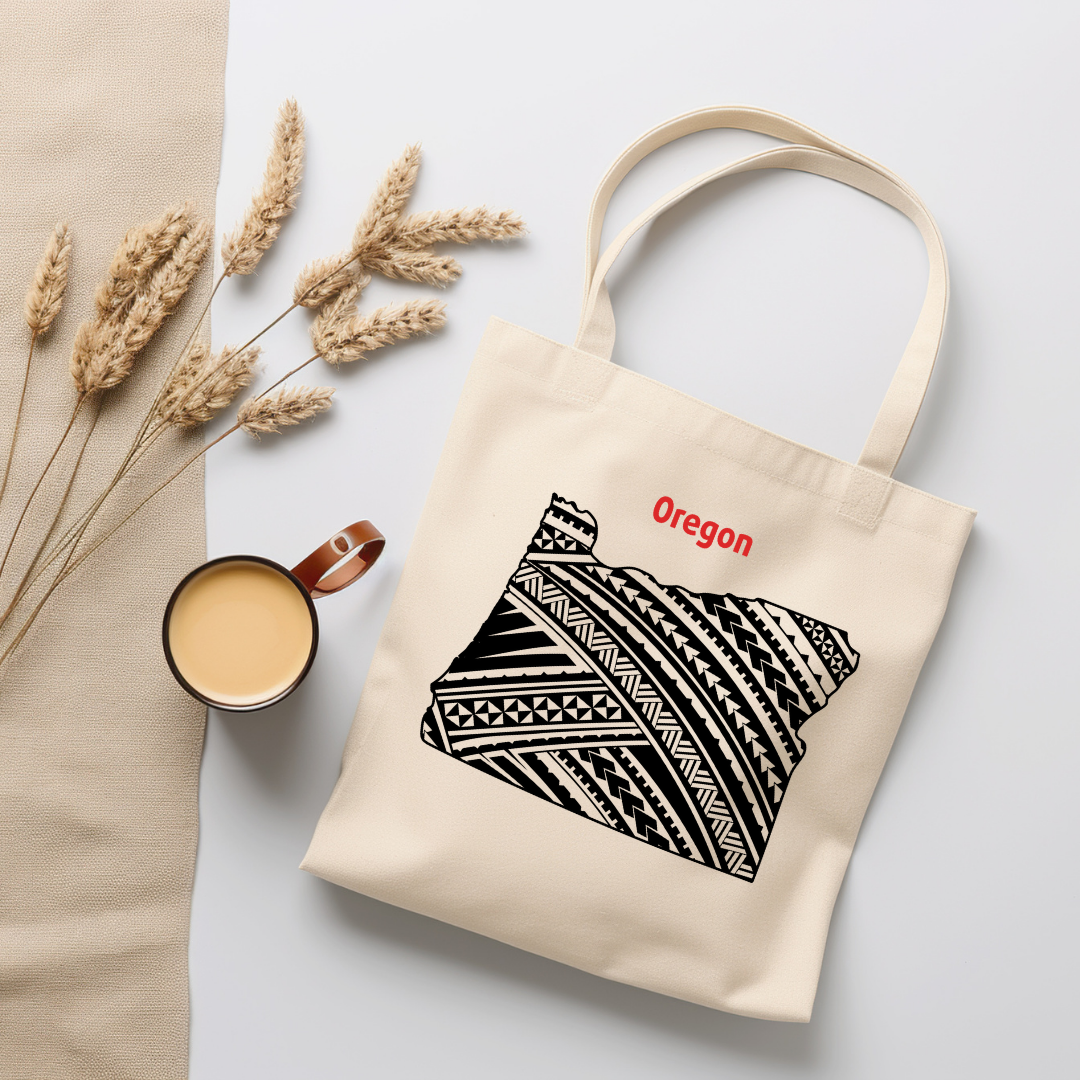 Oregon-A double-sided, eco-friendly Polynesian Pride tote bag featuring a tribal map design from the 50 State Tribal Map Collection