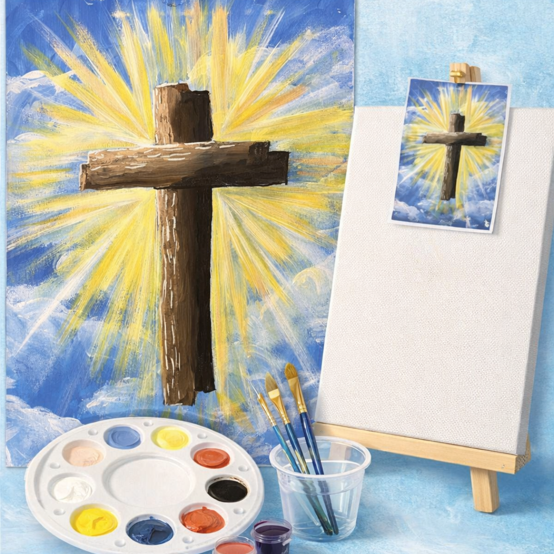 Painting of a cross with a bright yellow light on a blue background, surrounded by art supplies.