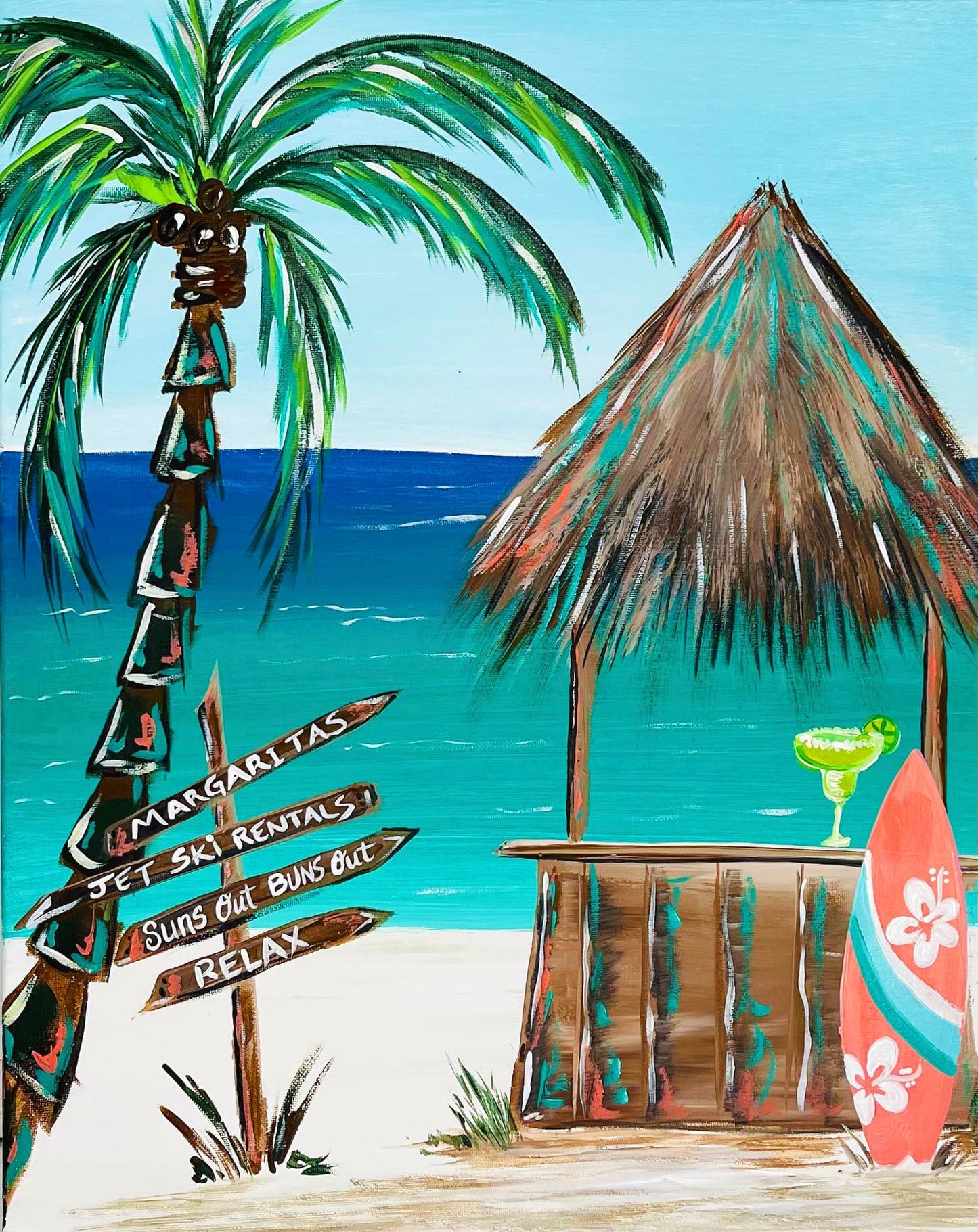 Beach scene with palm tree, hut, and surfboard with a cocktail design on canvas with all supplies included