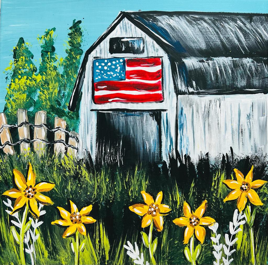 Summer-themed DIY canvas paintings including a painting of a barn with an American flag and yellow flowers in the foreground.