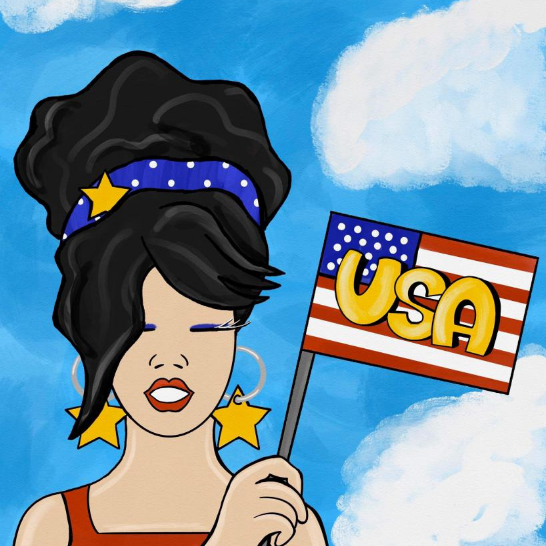 A vibrant collection of summer-themed DIY paintings including woman with an American flag and USA text against a blue sky with clouds