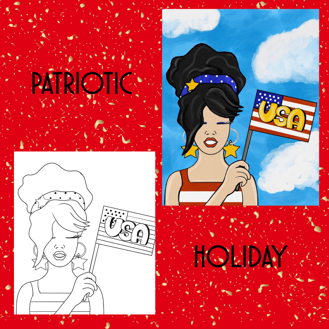 A woman holding a USA flag with star earrings and a blue headband