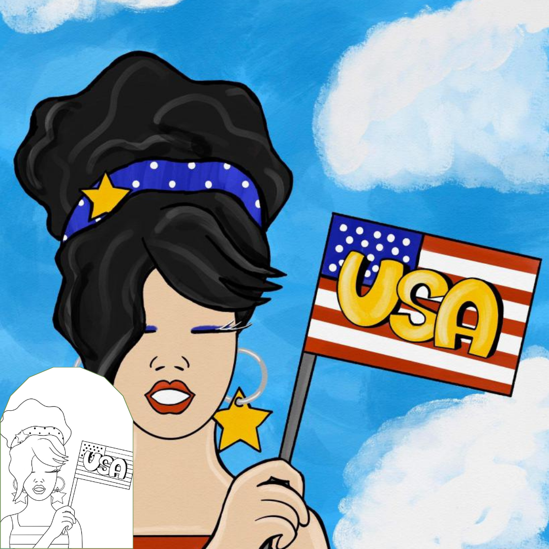 An american woman holding a USA flag on a summer parade perfect for July 4th group paint party