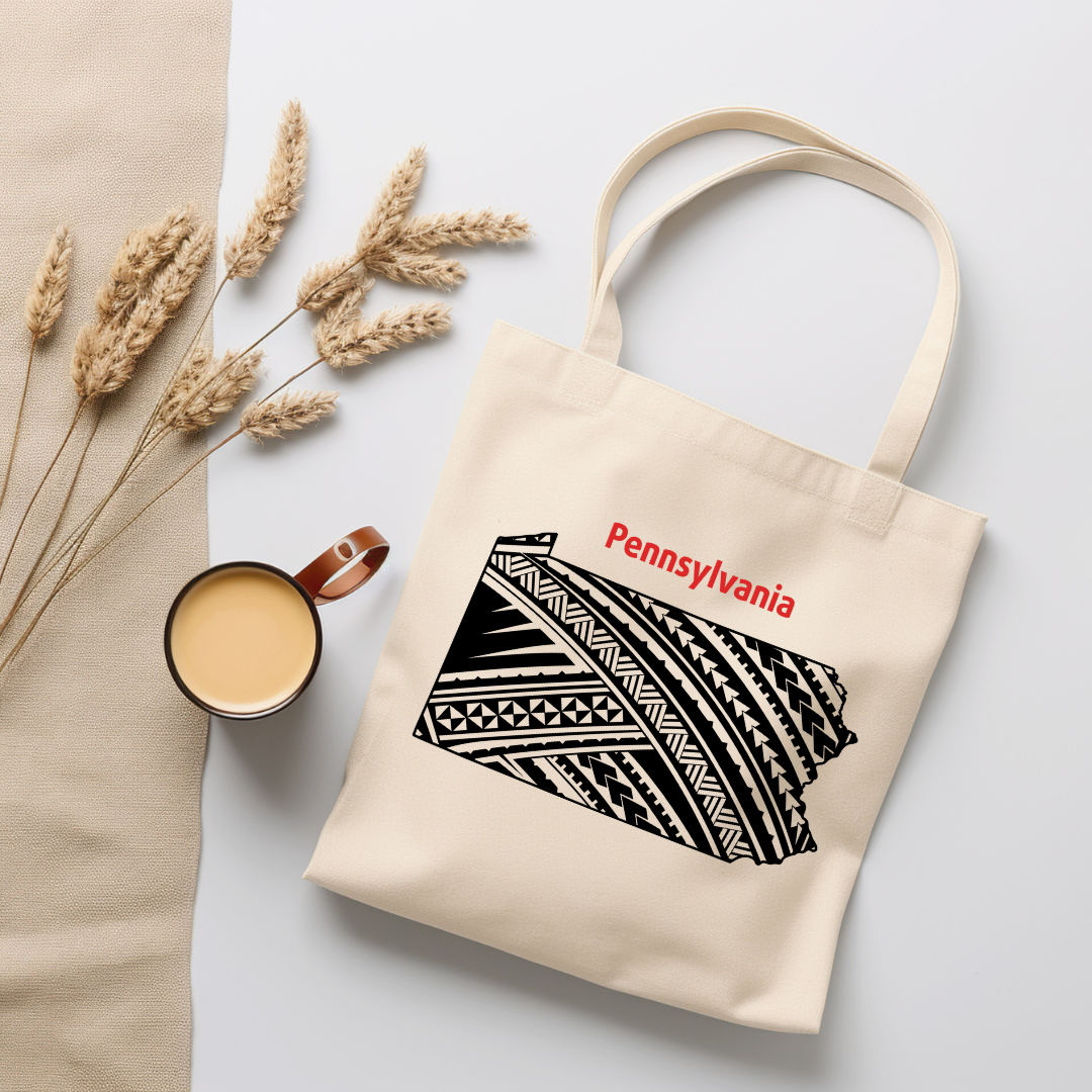 Pennsylvania-A double-sided, eco-friendly Polynesian Pride tote bag featuring a tribal map design from the 50 State Tribal Map Collection