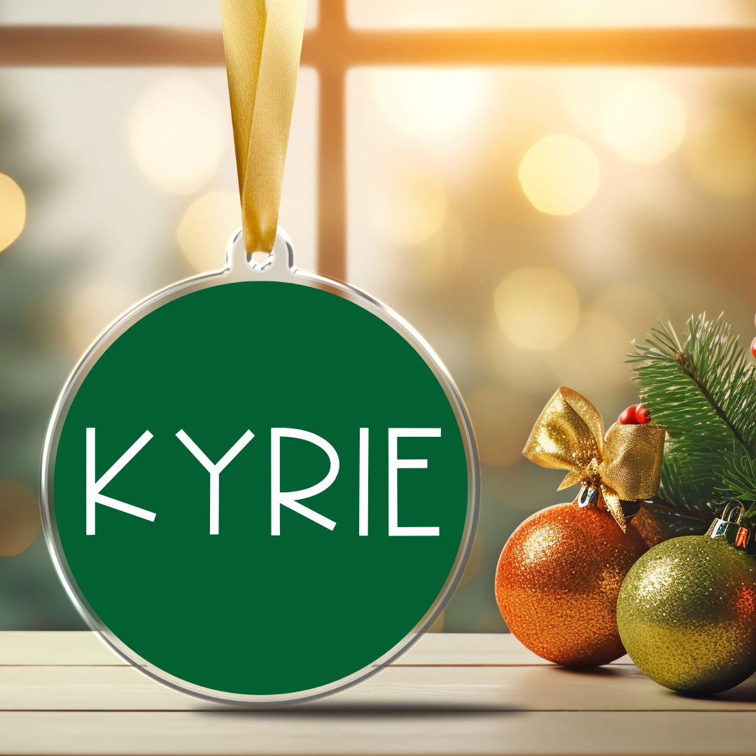 Personalized 3-inch clear acrylic with your name in minimal print font-ornament with permanent white vinyl lettering with a satin ribbon and hunter green
 background