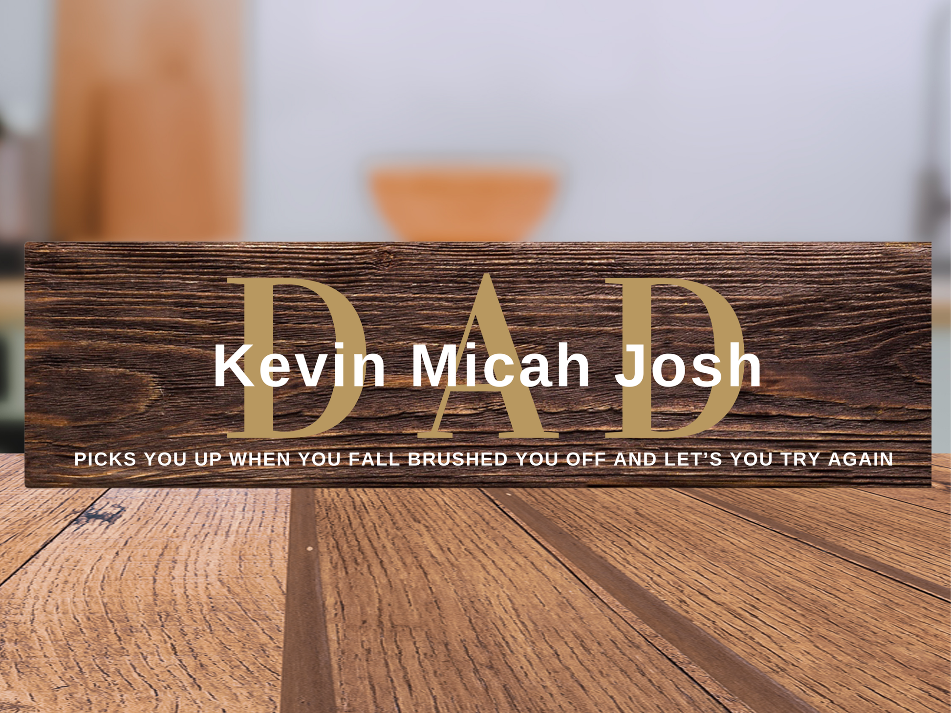 ersonalized Father's Day gift wood name sign for Dad featuring custom children's names over dark walnut stained rustic home decor by Simply Aloha On The Go.