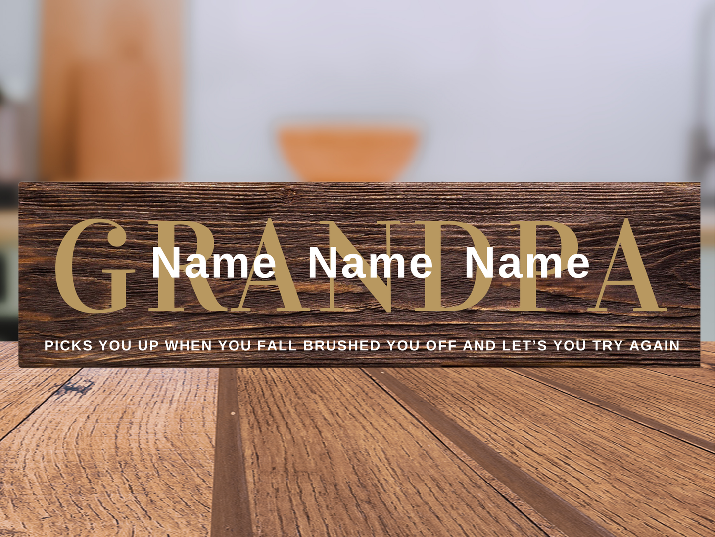 Personalized Father's Day gift wood name sign for Grandpa featuring custom children's names over dark walnut stained rustic home decor by Simply Aloha On The Go.
