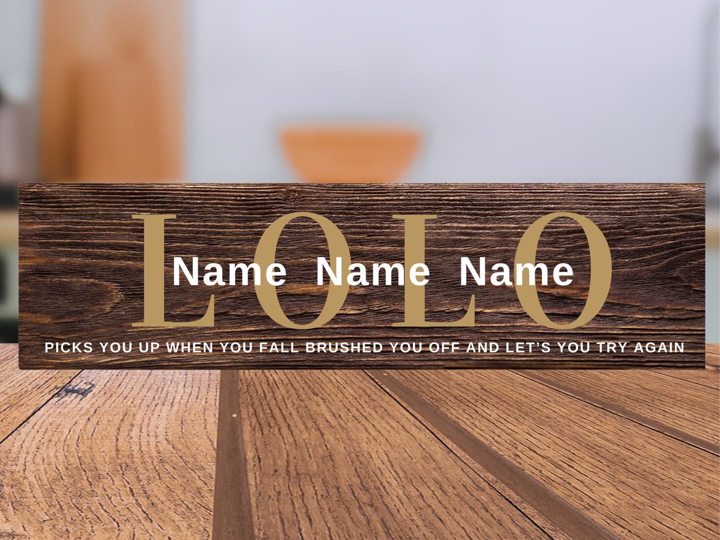 Personalized Father's Day gift wood name sign for Lolo featuring custom children's names over dark walnut stained rustic home decor by Simply Aloha On The Go.