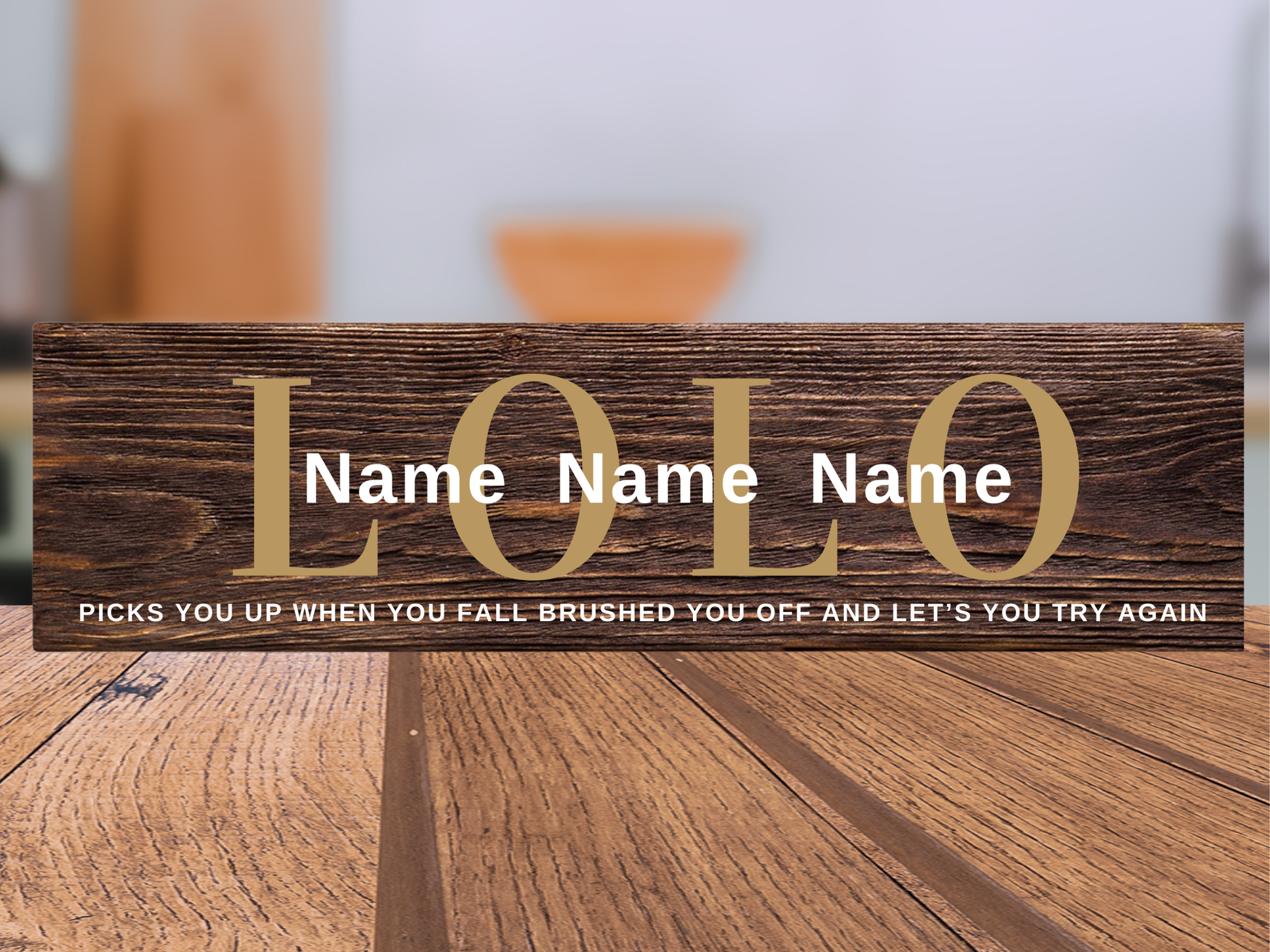 Personalized Father's Day gift wood name sign for Lolo featuring custom children's names over dark walnut stained rustic home decor by Simply Aloha On The Go.