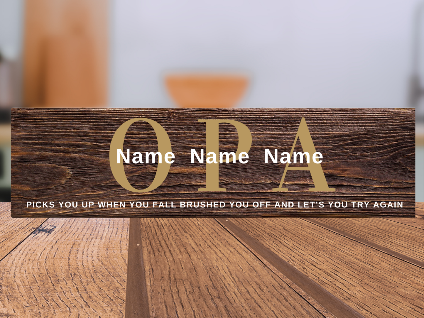 Personalized Father's Day gift wood name sign for Opa featuring custom children's names over dark walnut stained rustic home decor by Simply Aloha On The Go.