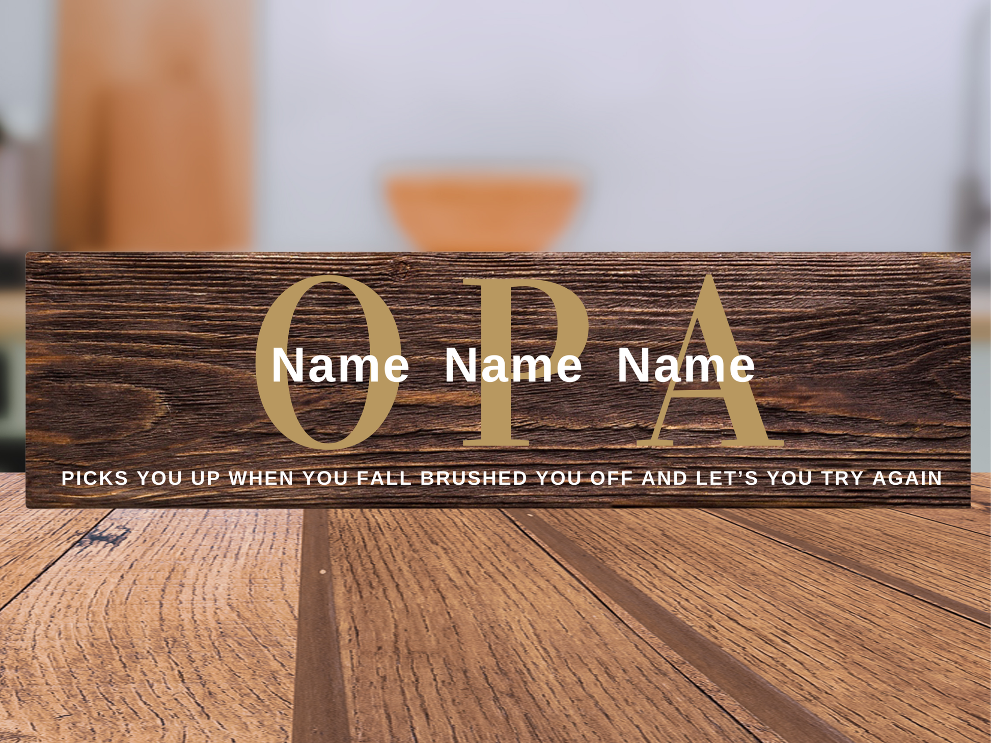Personalized Father's Day gift wood name sign for Opa featuring custom children's names over dark walnut stained rustic home decor by Simply Aloha On The Go.
