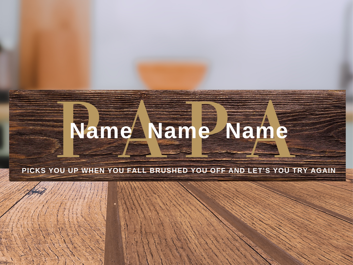 Personalized Father's Day gift wood name sign for Papa featuring custom children's names over dark walnut stained rustic home decor by Simply Aloha On The Go.