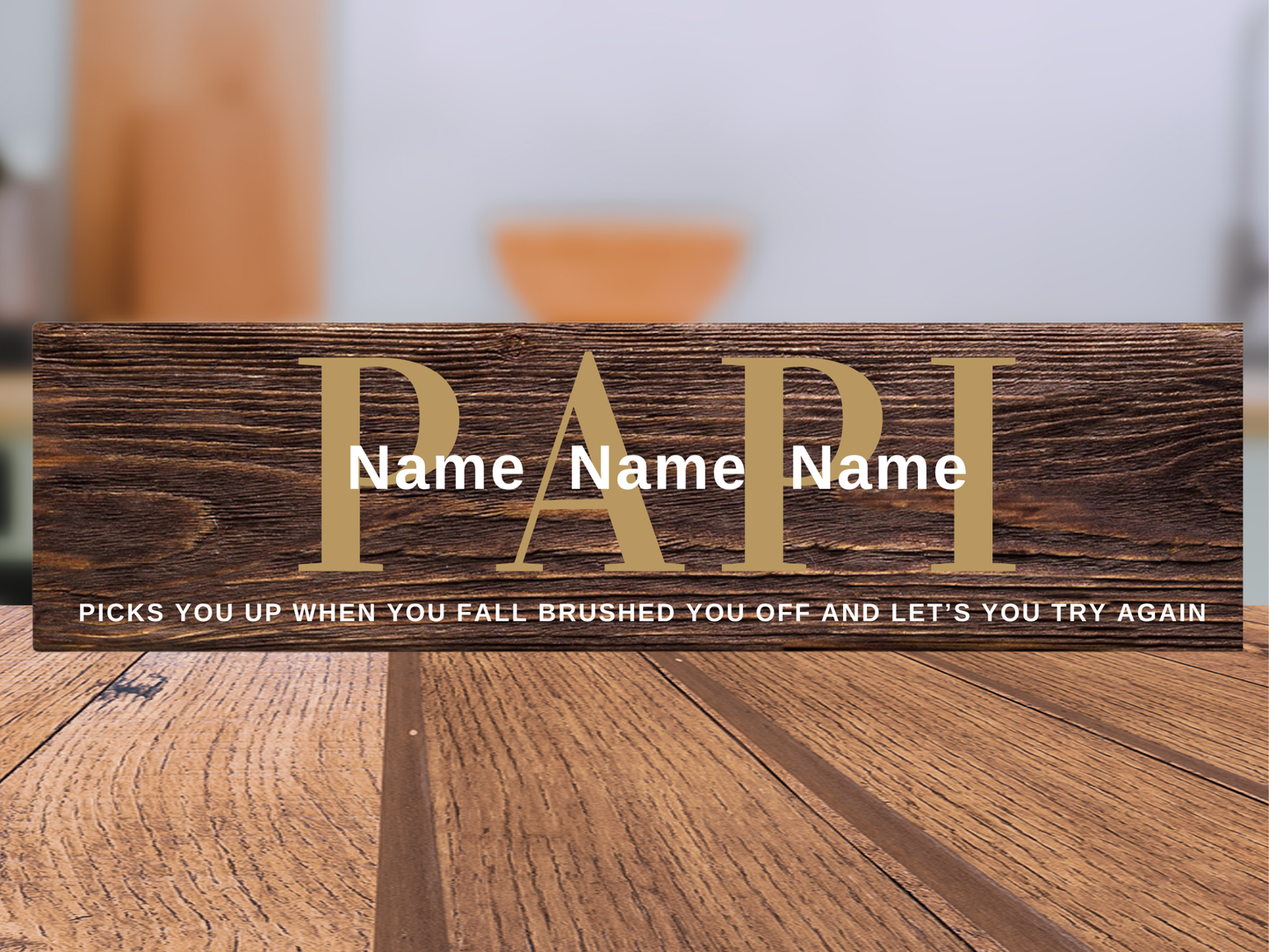 Personalized Father's Day gift wood name sign for  Papi featuring custom children's names over dark walnut stained rustic home decor by Simply Aloha On The Go.