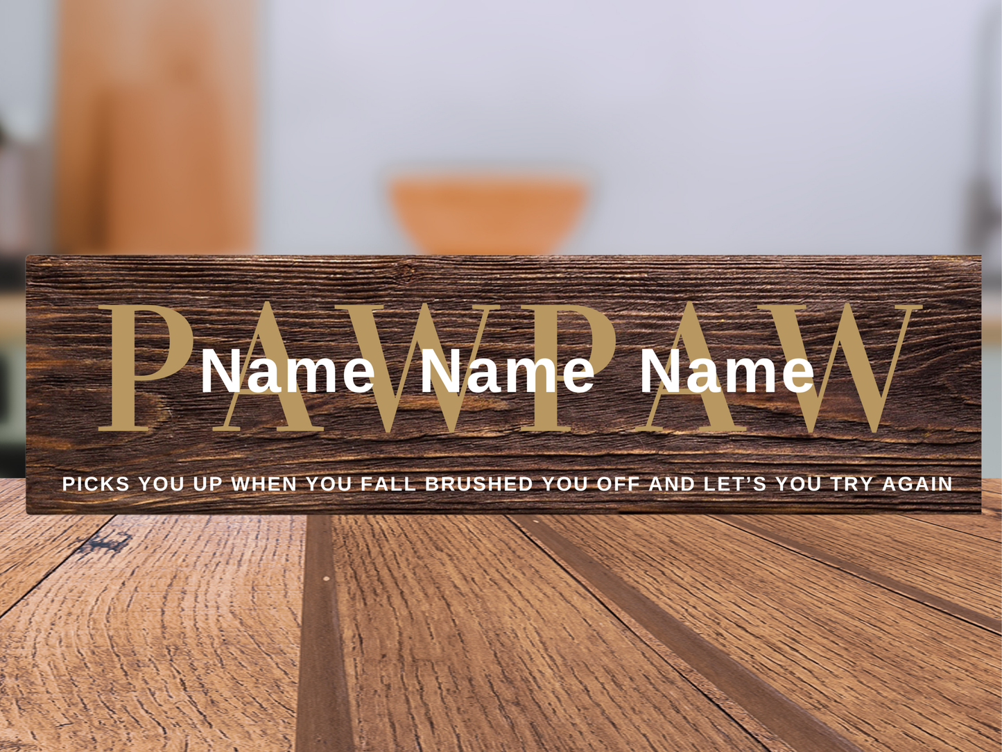 Personalized Father's Day gift wood name sign forPawpaw featuring custom children's names over dark walnut stained rustic home decor by Simply Aloha On The Go.