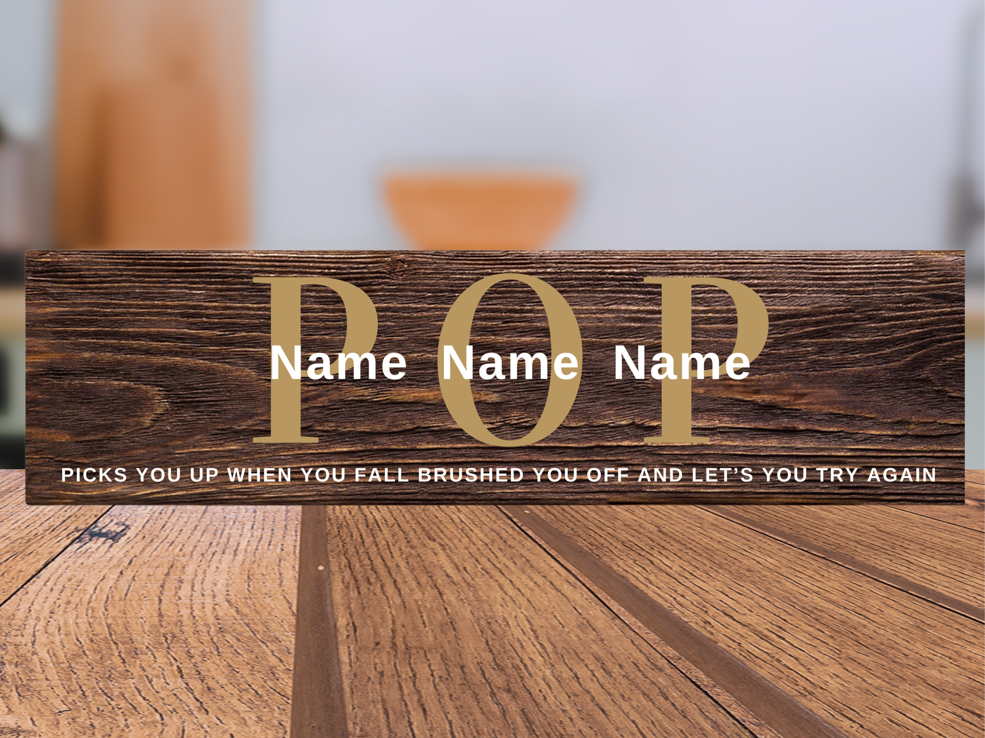 Personalized Father's Day gift wood name sign for Pop featuring custom children's names over dark walnut stained rustic home decor by Simply Aloha On The Go.