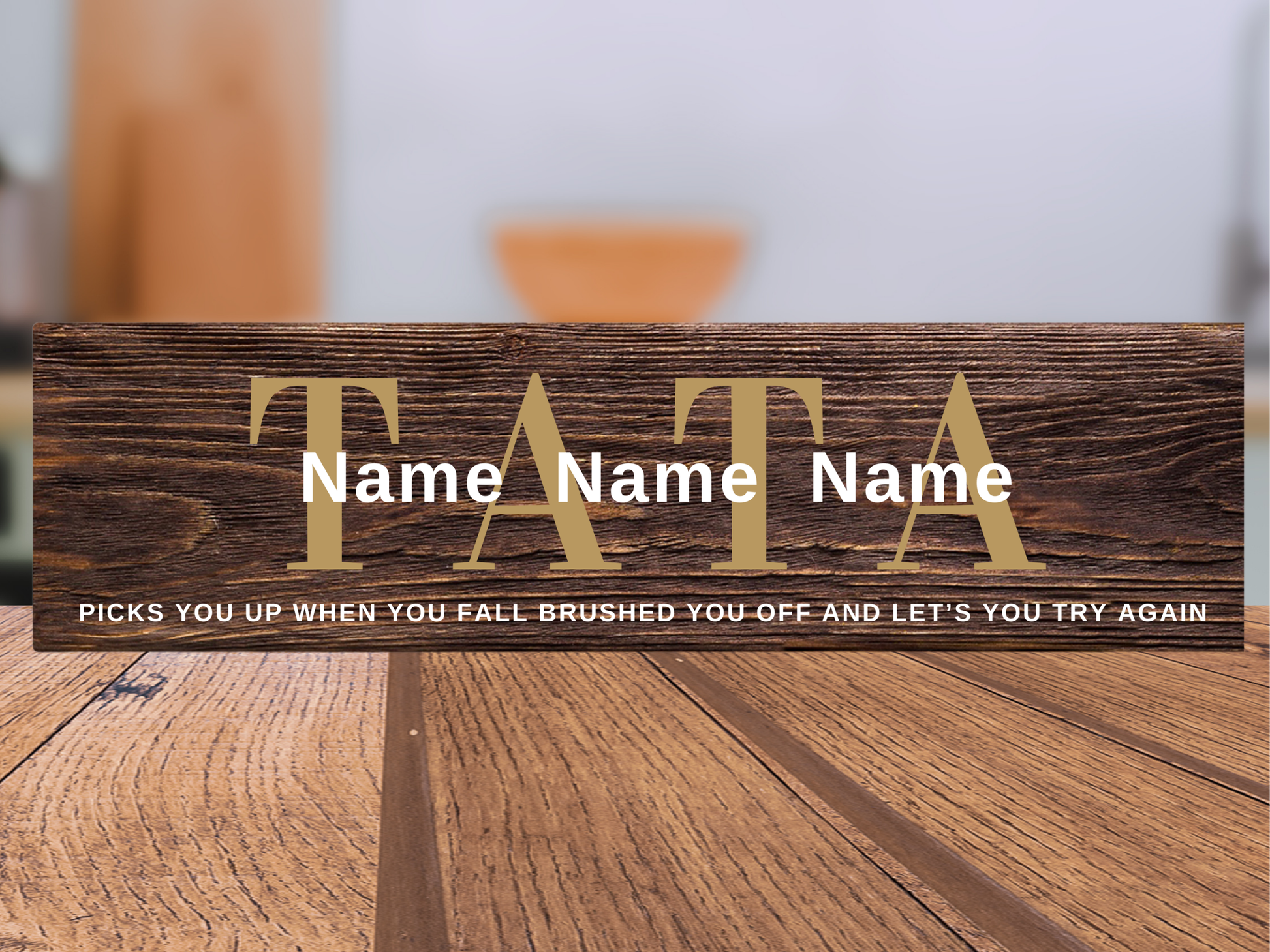 ersonalized Father's Day gift wood name sign for Tata featuring custom children's names over dark walnut stained rustic home decor by Simply Aloha On The Go.
