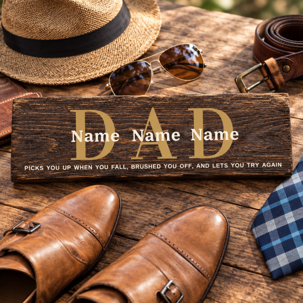 Personalized Father's Day wood sign with DAD lettering, custom family names and dark walnut finish, displayed with men's accessories.