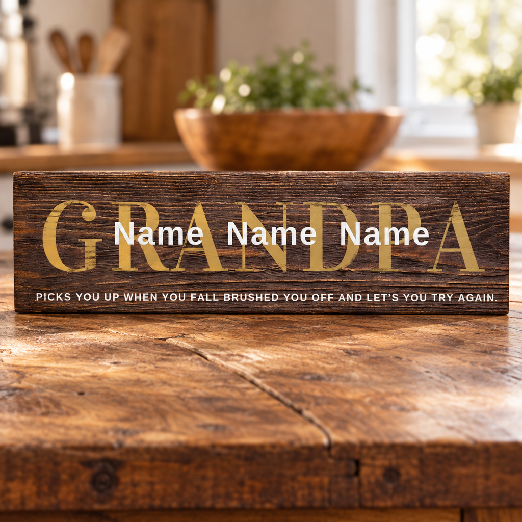 Handcrafted wooden Grandpa sign with gold lettering and personalized family names, displayed as a rustic Father's Day gift., tie and sunglasses