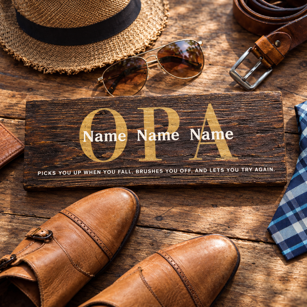 Personalized wooden OPA sign with gold lettering and family names, handcrafted as a meaningful gift for Dad or Grandpa.