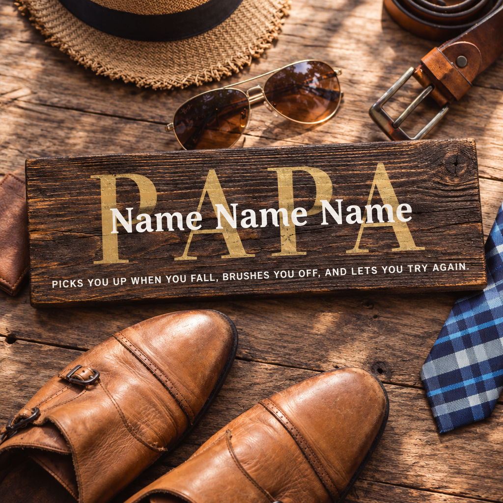 Personalized Father's Day wood sign featuring Papa with custom names on dark walnut stained wood.