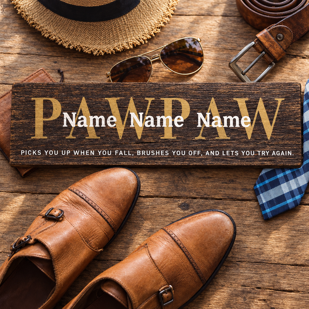 Rustic personalized PAWPAW wooden sign featuring custom family names, gold lettering and dark walnut finish.
