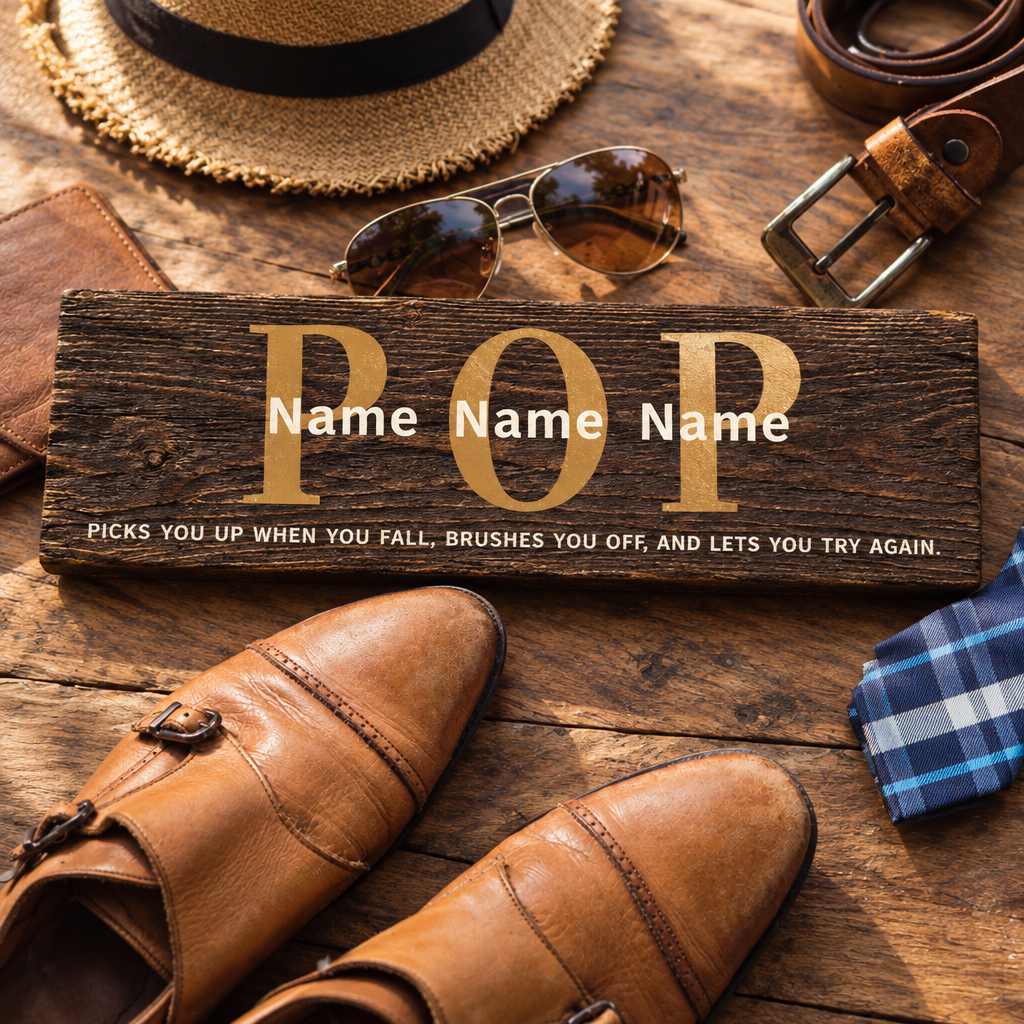 Personalized wooden POP sign with gold lettering and family names, handcrafted as a meaningful gift for Dad or Grandpa.