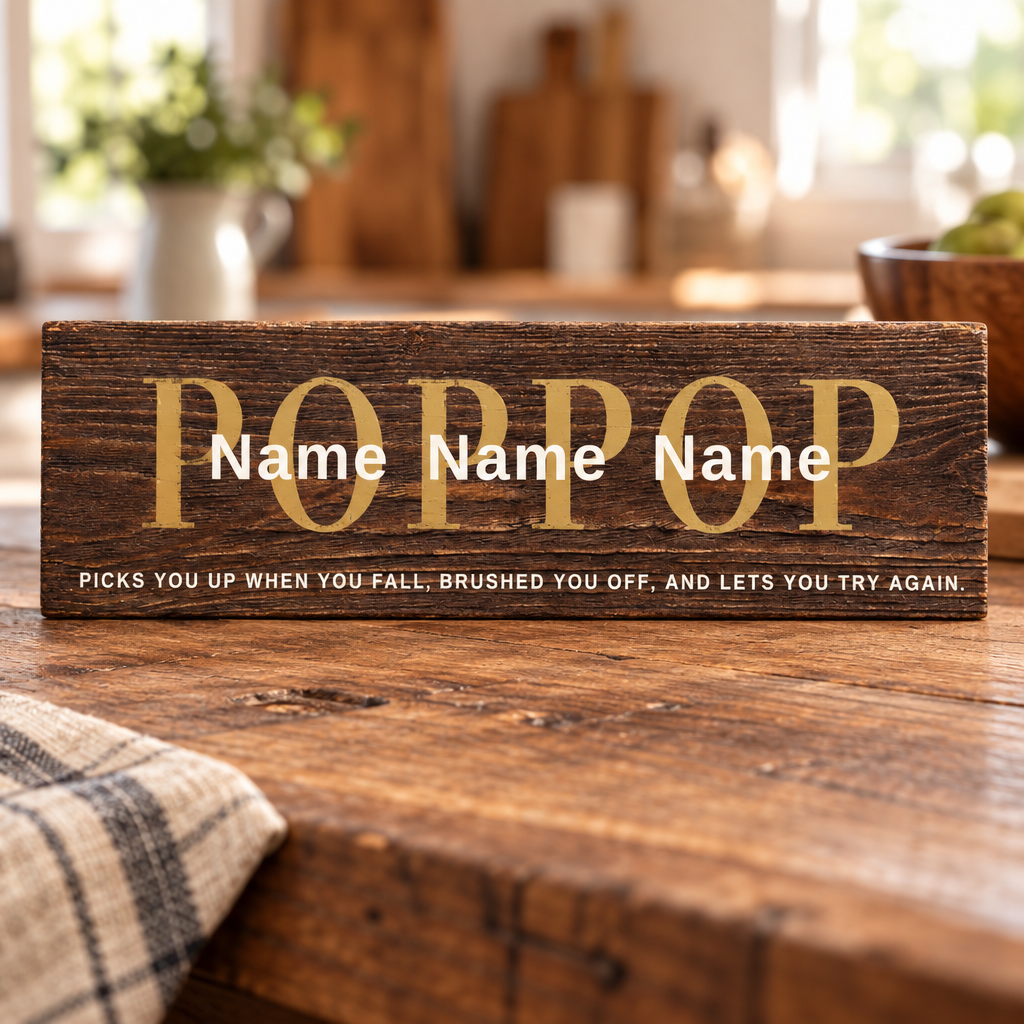 Personalized wooden POPPOP sign with gold lettering and family names, handcrafted as a meaningful gift for Dad or Grandpa.