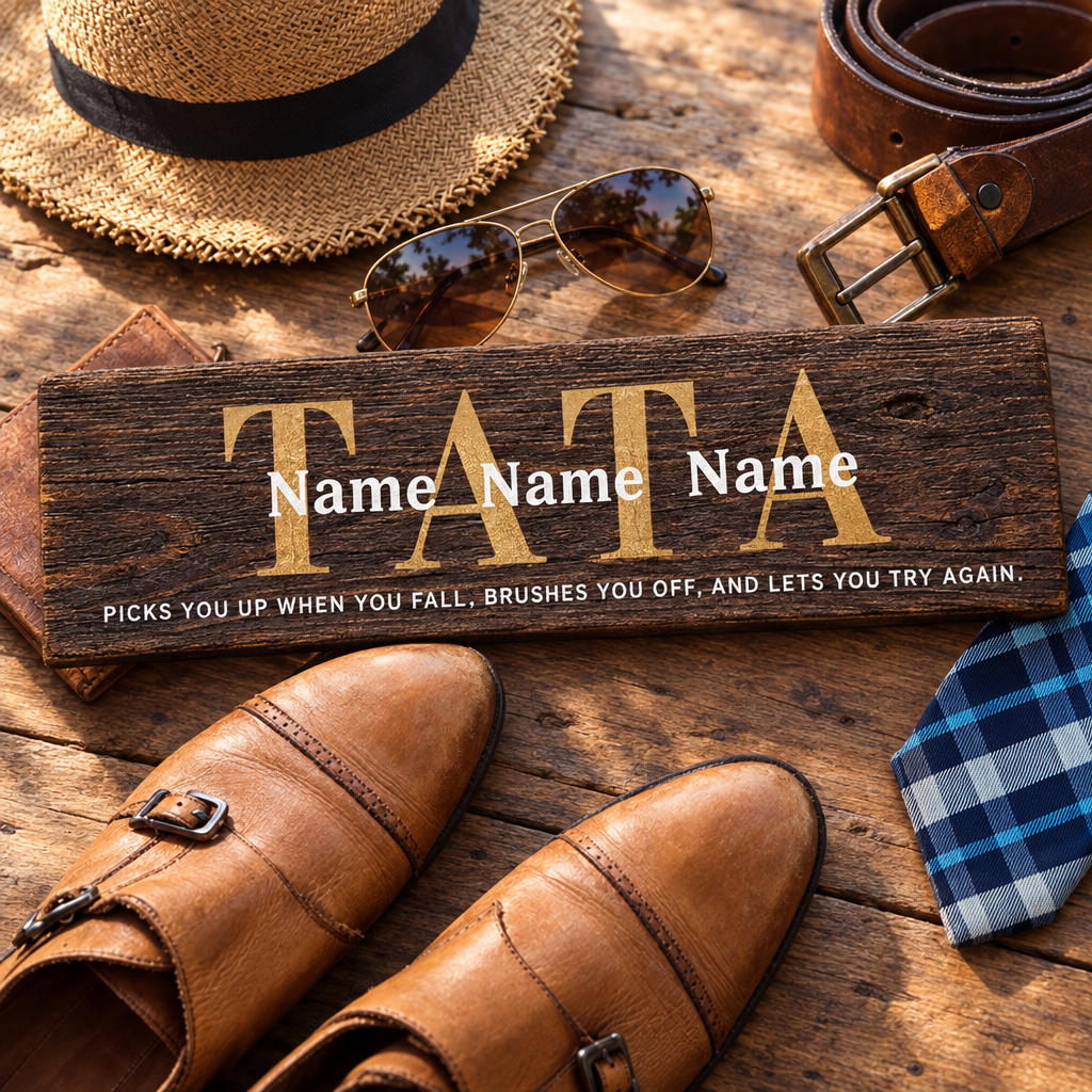 Personalized Father's Day Gifts – custom Tata wood sign with names, styled with leather shoes, belt, tie and sunglasses