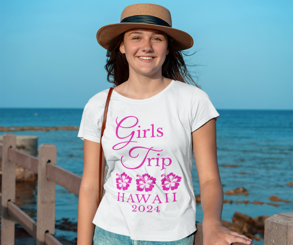 a young girl teen wearing a girls trip shirt with a personalized destination and year
