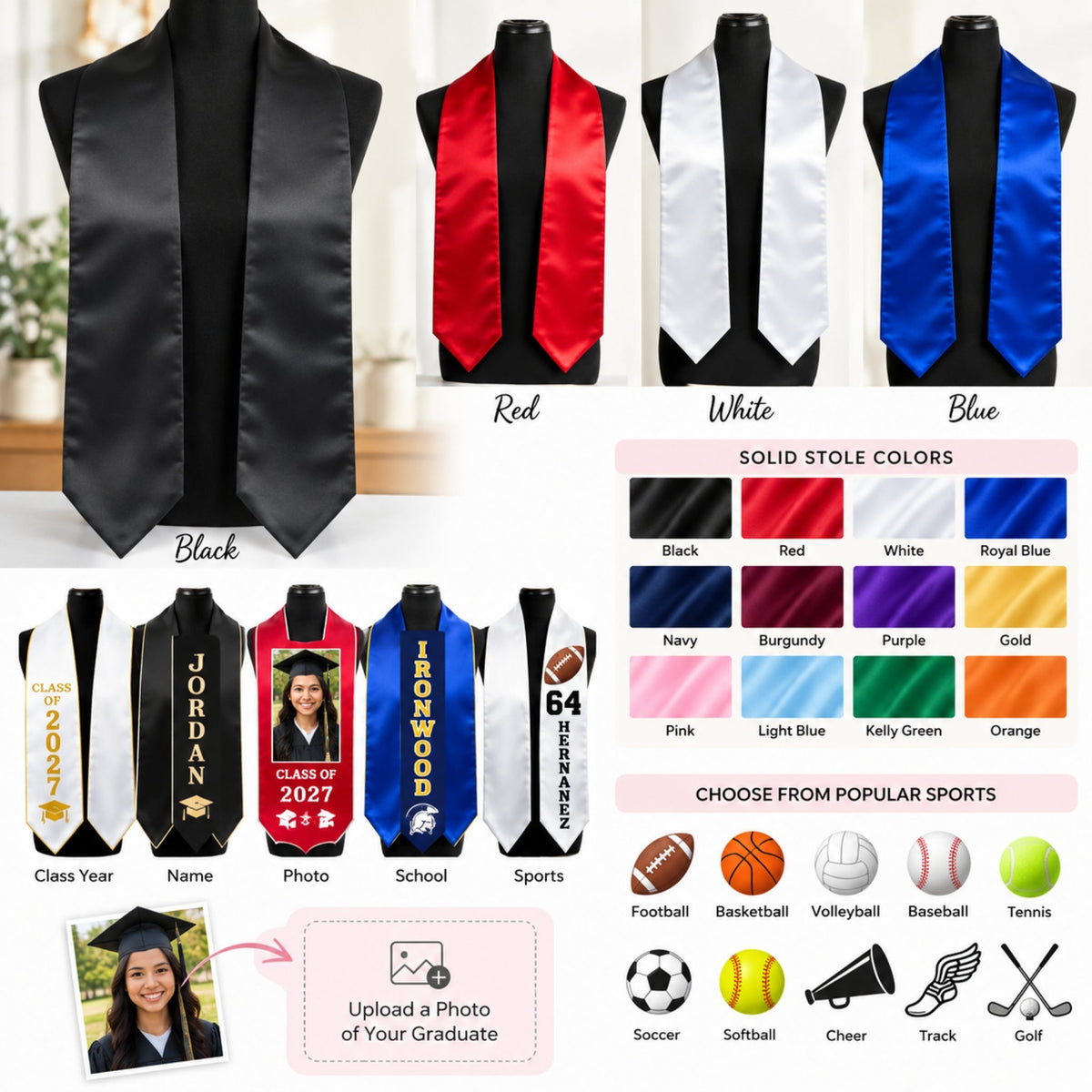 Personalized graduation stole showing solid colors, names, photos, school designs, sports and customization options.