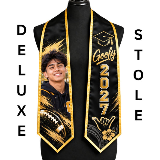 Black and gold personalized football graduation deluxe stole nd sash with student photo, Goofy nickname, Class of 2027, and gold shaka hand design.