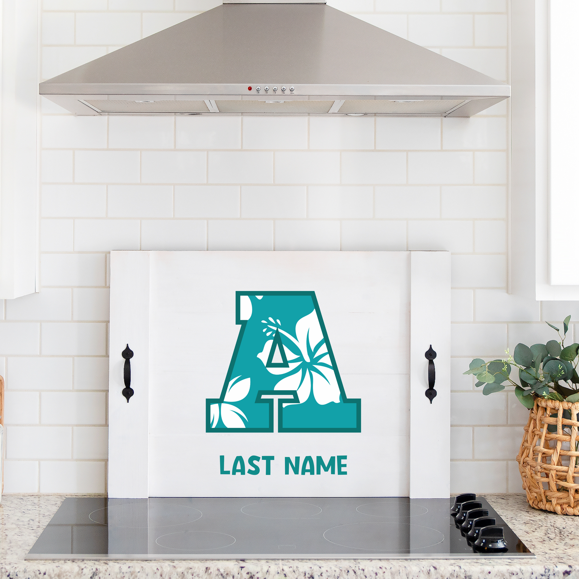 Custom Hawaiian noodle board with family initial and last name, featuring a vibrant hibiscus flower design – personalized kitchen decor with island vibe.