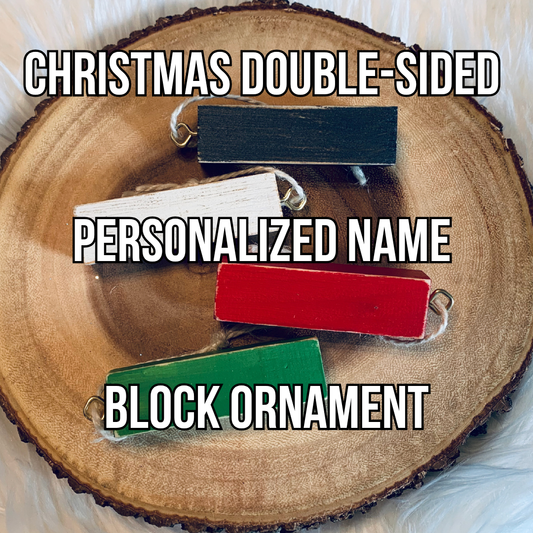 Flat lay of custom Jenga block Christmas ornament–personalized gift for teachers, bus drivers, cafeteria staff many clors