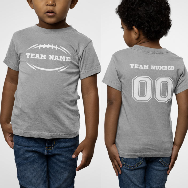 Personalized Kid's double-sided football grey t-shirt featuring a football graphic and team name on the front and a player number on the back by Simply Aloha On The Go.