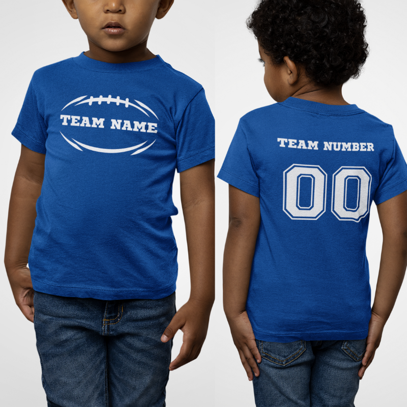 Personalized Kids Boys Blue  Double-Sided T-Shirt featuring a football graphic and team name on the front and a player number on the back, from Simply Aloha On The Go.