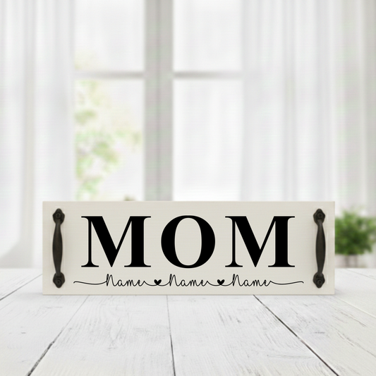 Handcrafted personalized Mom wood sign with Alabaster white background, bold black text, and industrial handles.