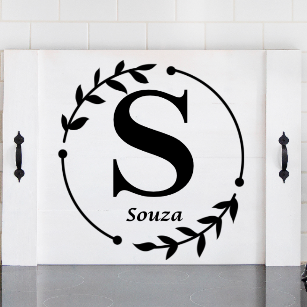 Personalized farmhouse stove top cover with last name and initials circled in with a laurel leaf – rustic noodle board by Simply Aloha On The Go