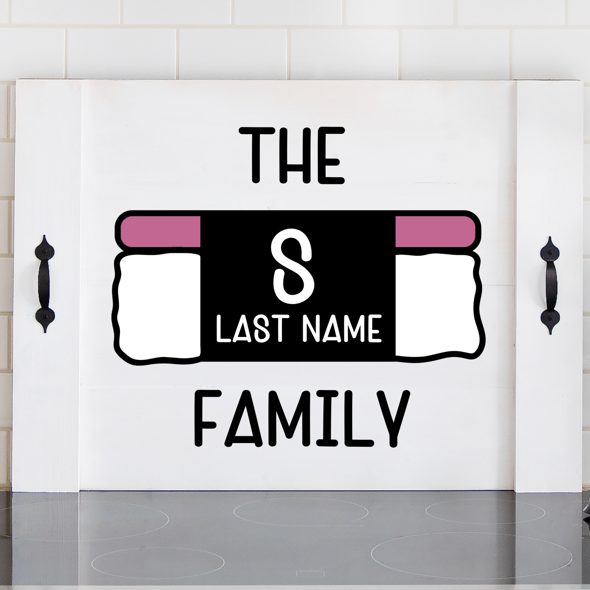 Personalized Hawaiian musubi monogram wooden noodle board used as a custom stove top cover.