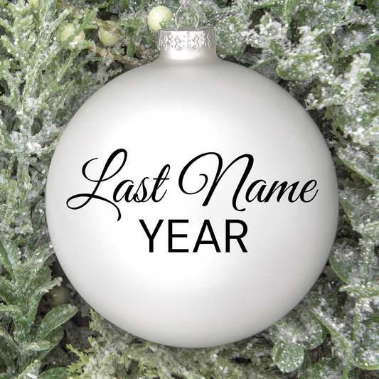 Personalized Name & Year Christmas Ball Ornament for your holiday tree in  script font, handcrafted by Simply Aloha On The Go