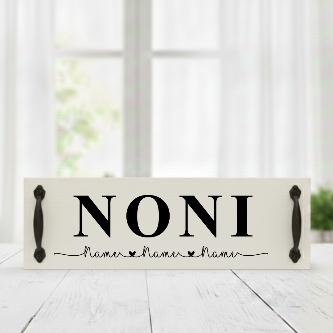 Handcrafted alabaster background wood sign featuring NONI in bold black text with custom black handles and personalized children's names.