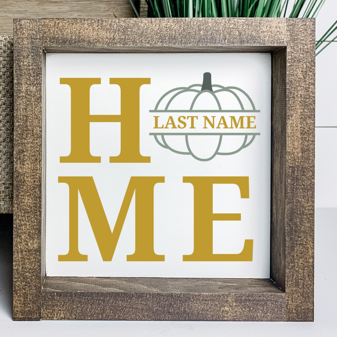 Handcrafted 8x8 personalized pumpkin HOME fall sign in mustard gold on white, custom family last name for tiered tray decor, Simply Aloha On The Go
