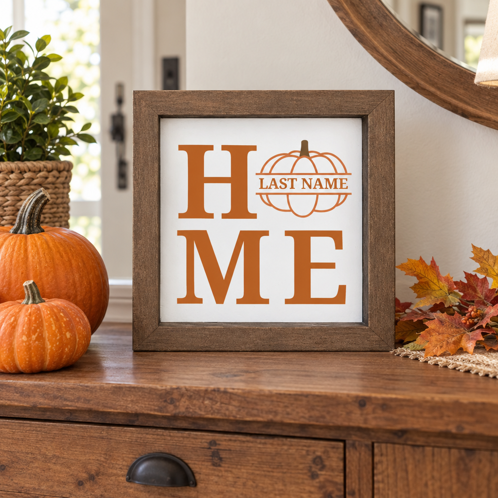 Personalized Pumpkin Home Shelf Sitter in burnt orange on an entryway table with pumpkins