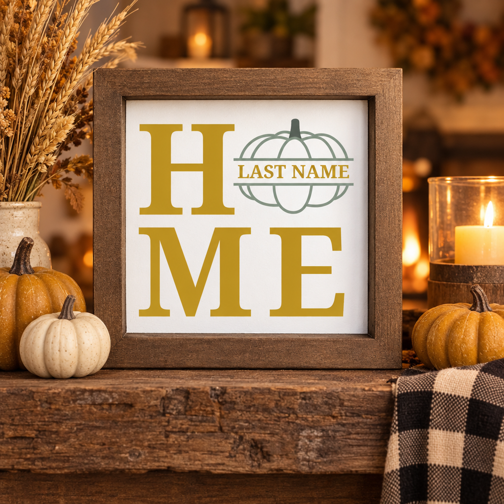 Personalized PPumpkin Home Shelf Sitter in mustard gold on a cozy fireplace mantel with pumpkins