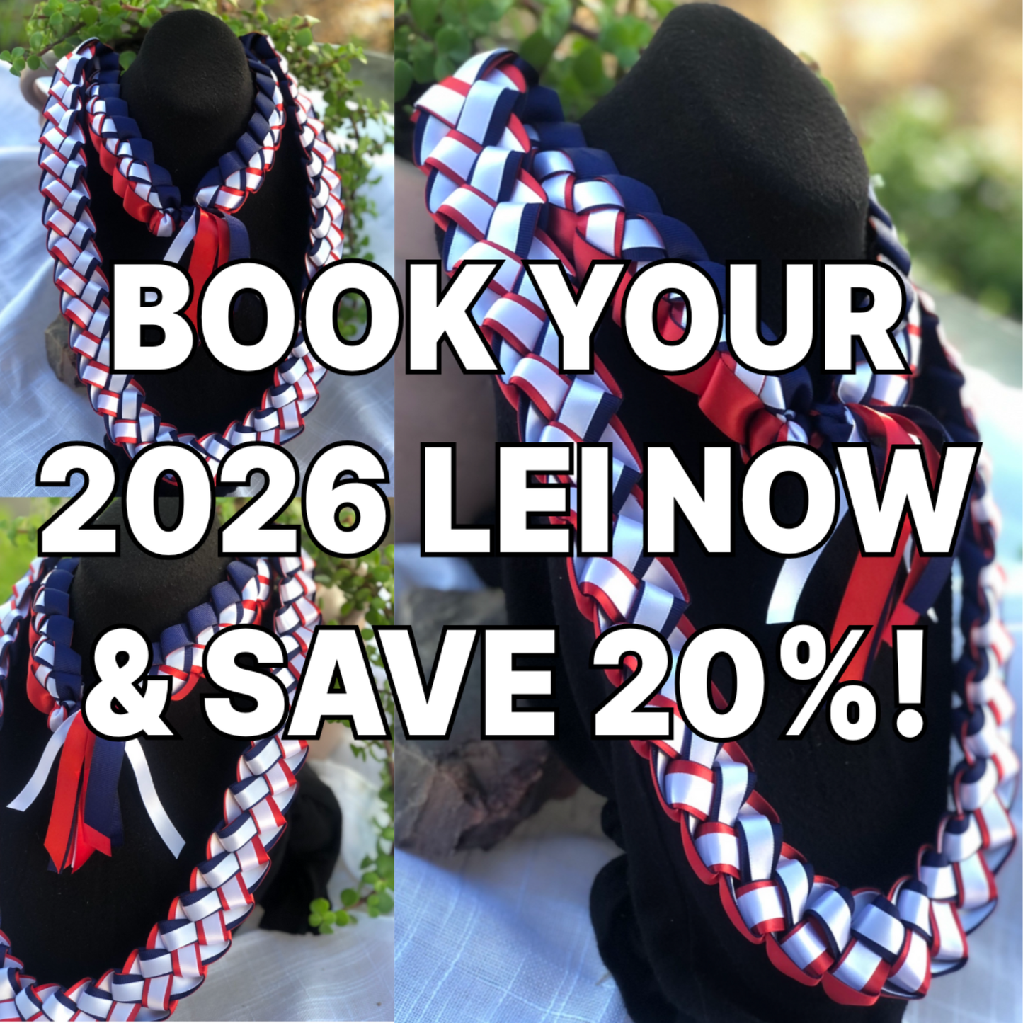 Personalized Graduation Ribbon Lei in red, white, and blue. Custom Hawaiian-style graduation gift for 2026.