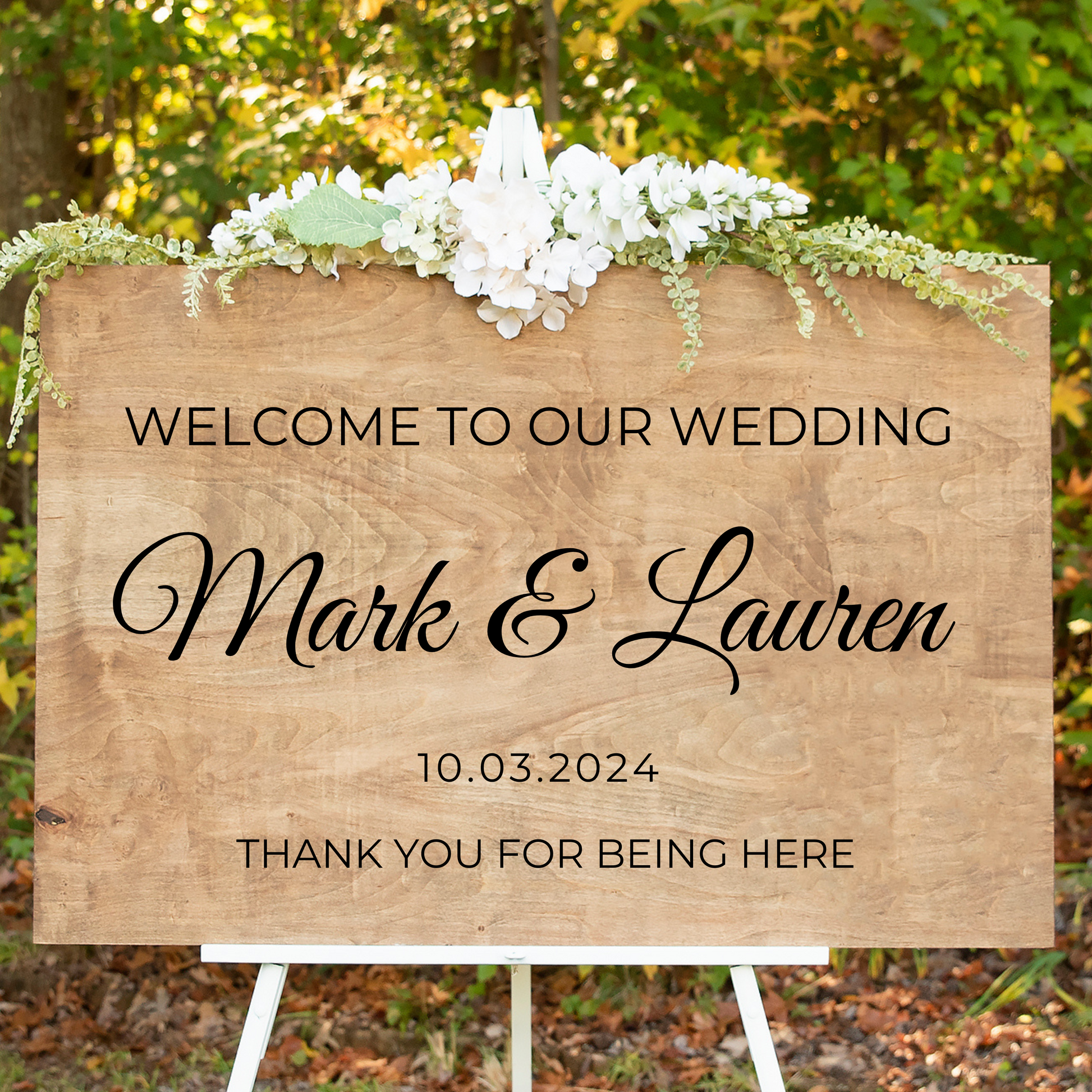 Double-sided personalized wedding sign for rehearsal and ceremony with custom names and date