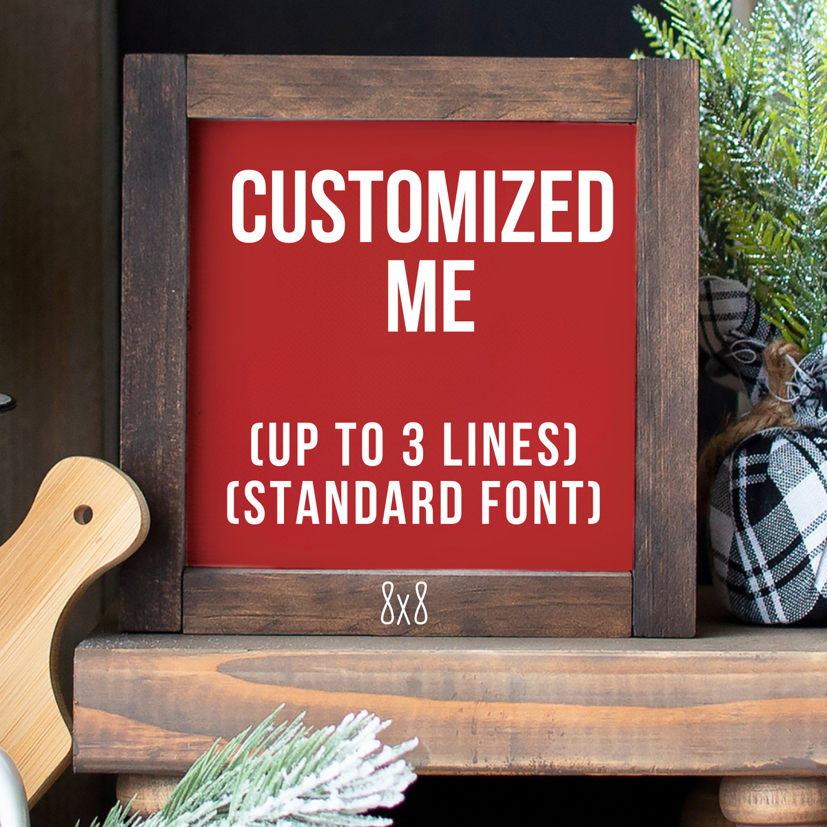 Personalized 8x8 rustic shelf sitter sign, red background, custom text up to 3 lines – Tiered Tray Decor by Simply Aloha On The Go