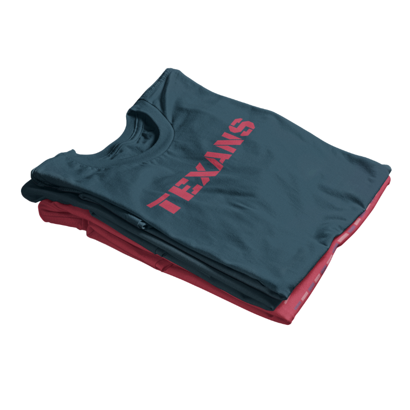 Flat lay of a personalized Men's Game Day Dark Blue T-Shirt on vertical featuring "Texans" text 